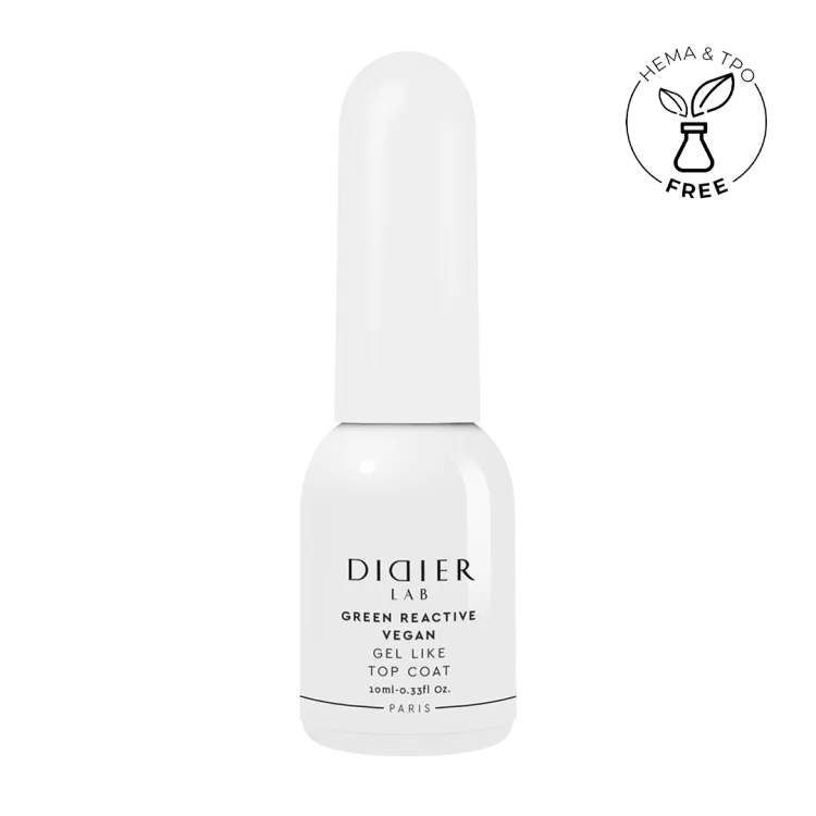 "Didier Lab" veganiškas viršutinis klasikinio nagų lako sluoksnis "Green reactive Gel Like Top Coat", 10ml