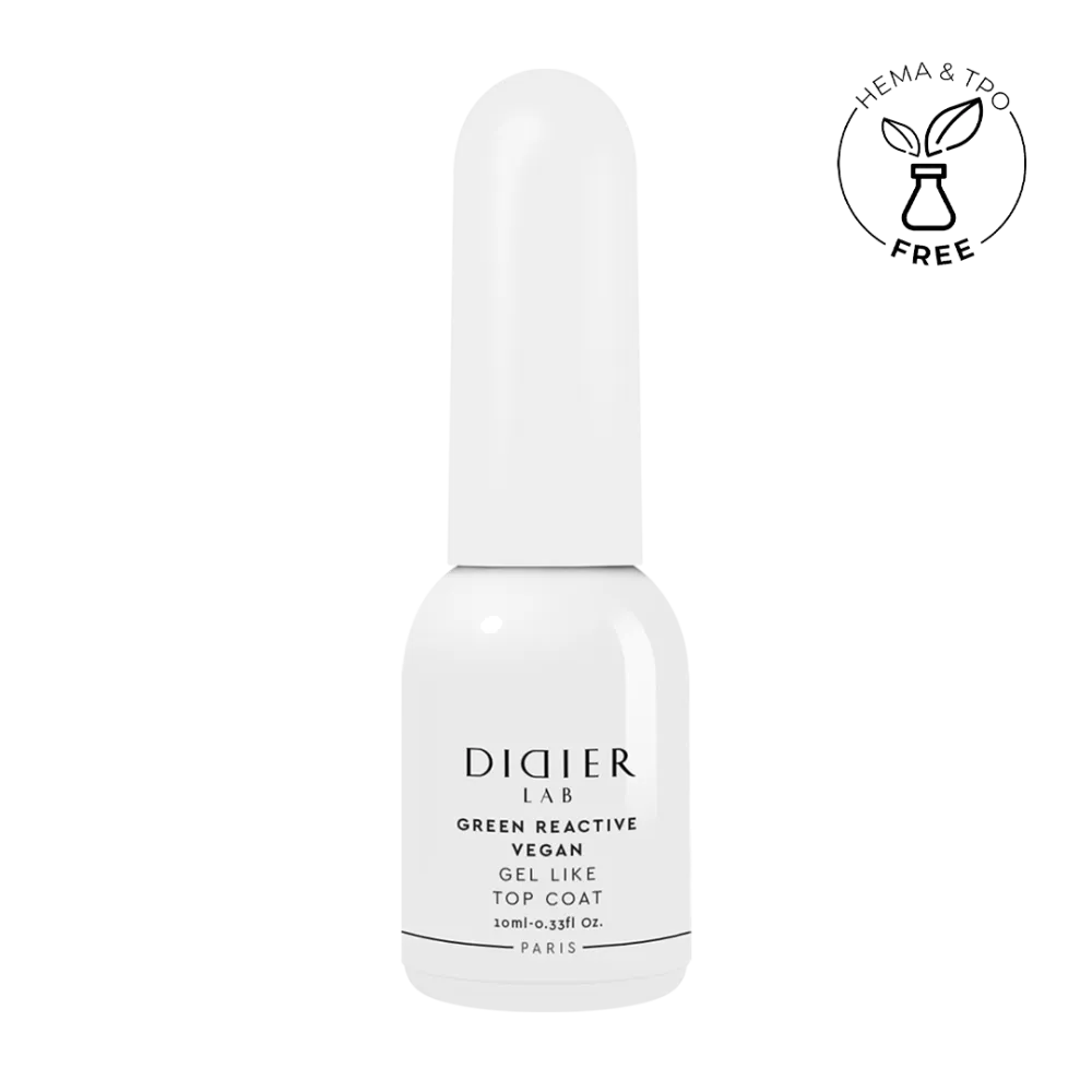"Didier Lab" veganiškas viršutinis klasikinio nagų lako sluoksnis "Green reactive Gel Like Top Coat", 10ml
